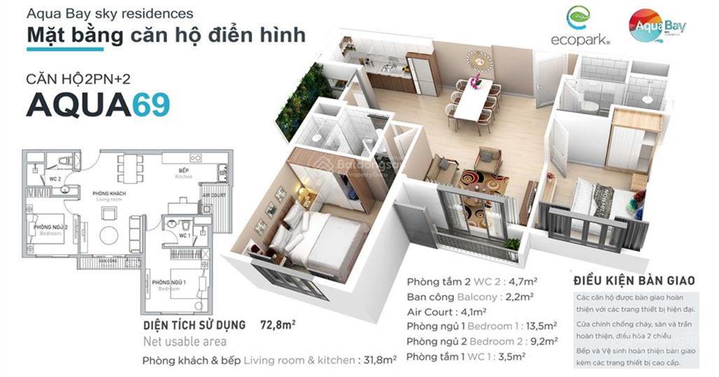 Cho thuê 2 ngủ 2 vệ sinh, tòa sky2, chung cư aquabay ecopark, không đồ