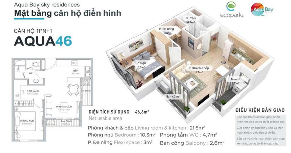 Cho thuê 1pn+1, aquabay ecopark, đủ đồ, 6tr/tháng