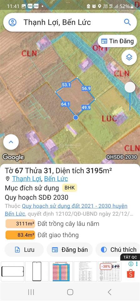 Đất 3.195m2 giá chỉ hơn 1 triệu/m2, sổ riêng cơ hội gom quỹ đất giá rẻ bến lức