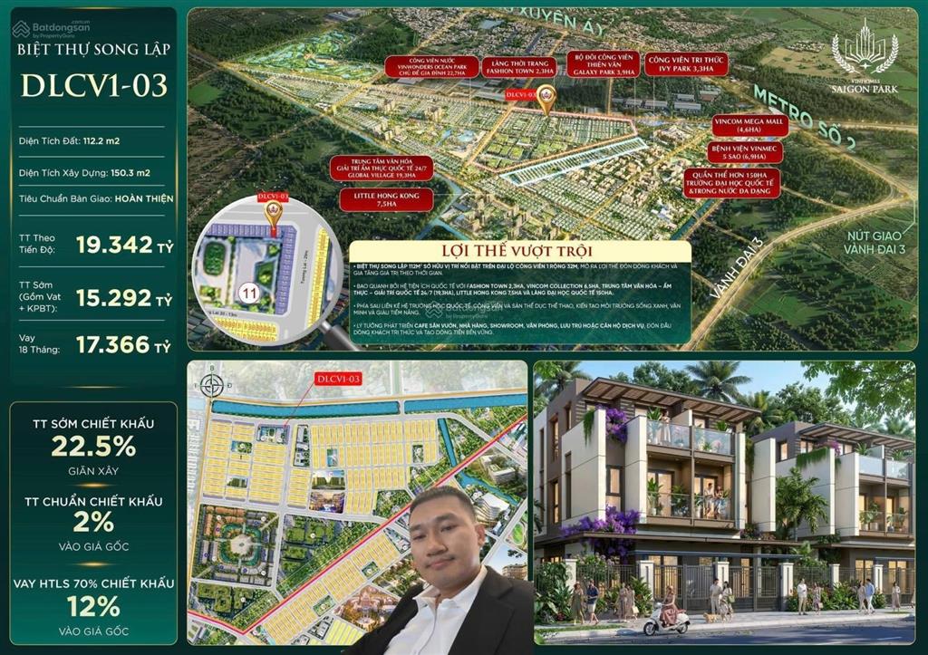 Hàng độc quyềnbiệt thự song lập view công viên ven sông, chỉ 15,292tỷ full vat  vinhomes hóc môn