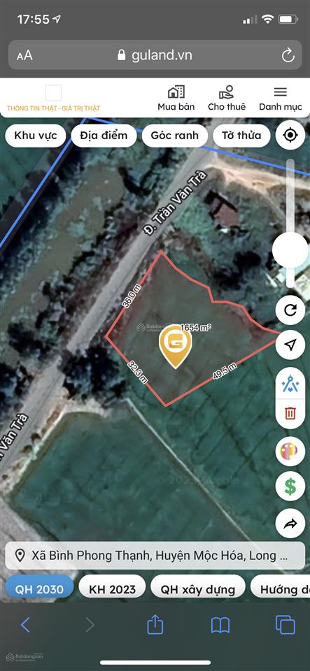 Bán đất mt đường trần văn trà, thị trấn bình phong thạnh, mộc hóa