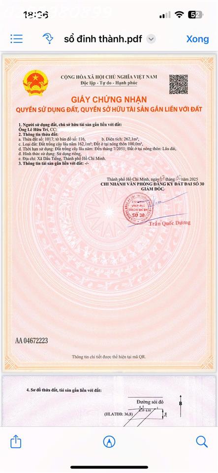 Hàng hiếm tại Ấp Núi Cậu, ĐT 744, Dầu Tiếng, DT 262 m2, giá 2,7 tỷ