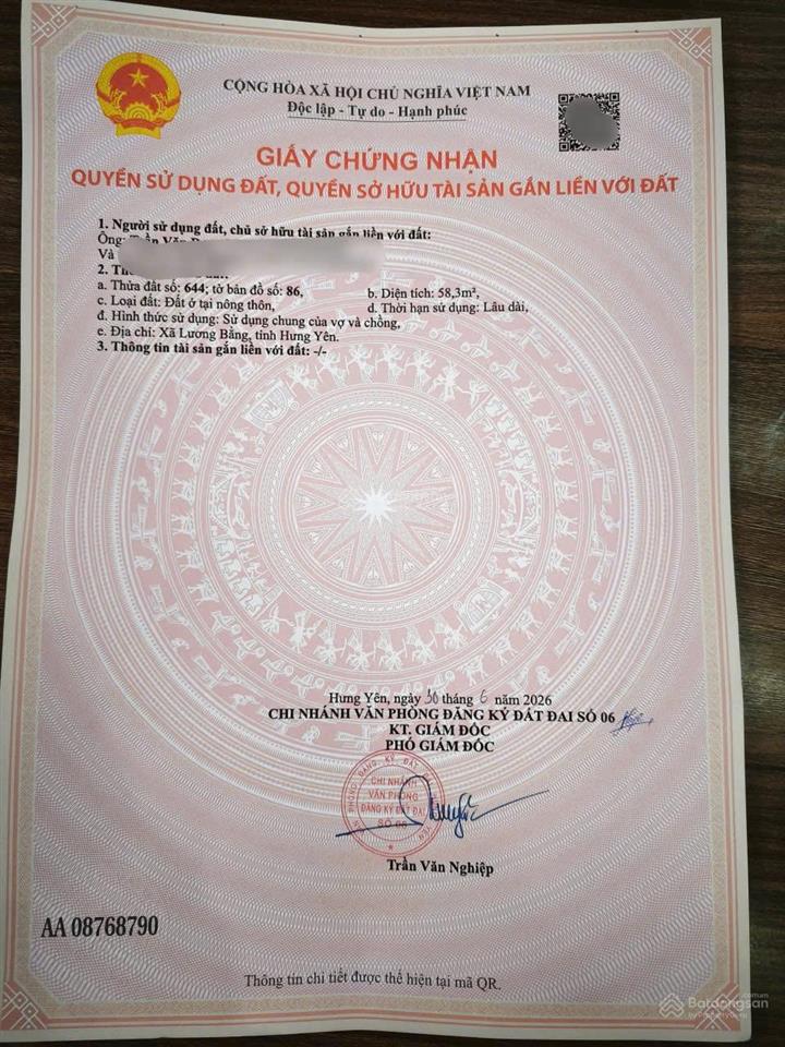 Chính chủ cần bán gấp lô đất tại dưỡng phú chính nghĩa cũ nay là lương bằng, hưng yên