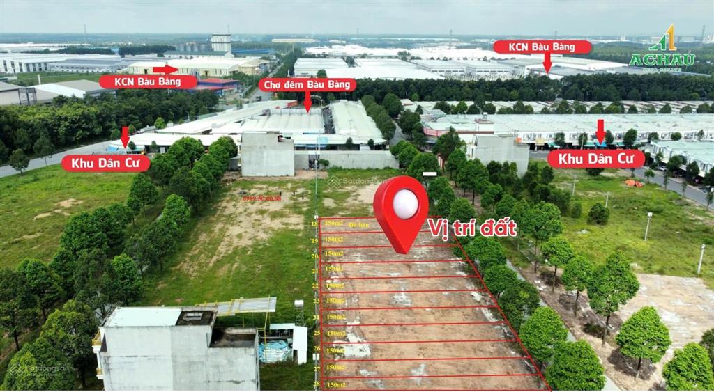 Đất xây trọ ngay chợ kcn bàu bàng, bd củ, mt đường rộng 8m, vỉa hè 4m, dt 150m2, full thổ, sổ riêng
