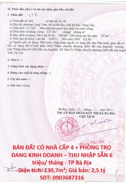 BÁN ĐẤT CÓ NHÀ CẤP 4 + PHÒNG TRỌ ĐANG KINH DOANH – THU NHẬP SẴN 6 triệu/ tháng - TP Bà Rịa