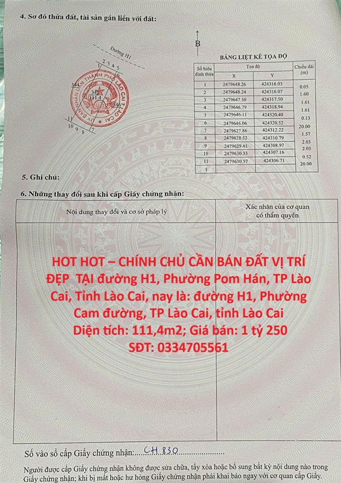 HOT HOT – CHÍNH CHỦ CẦN BÁN ĐẤT VỊ TRÍ ĐẸP  TẠI đường H1, Phường Pom Hán, TP Lào Cai,