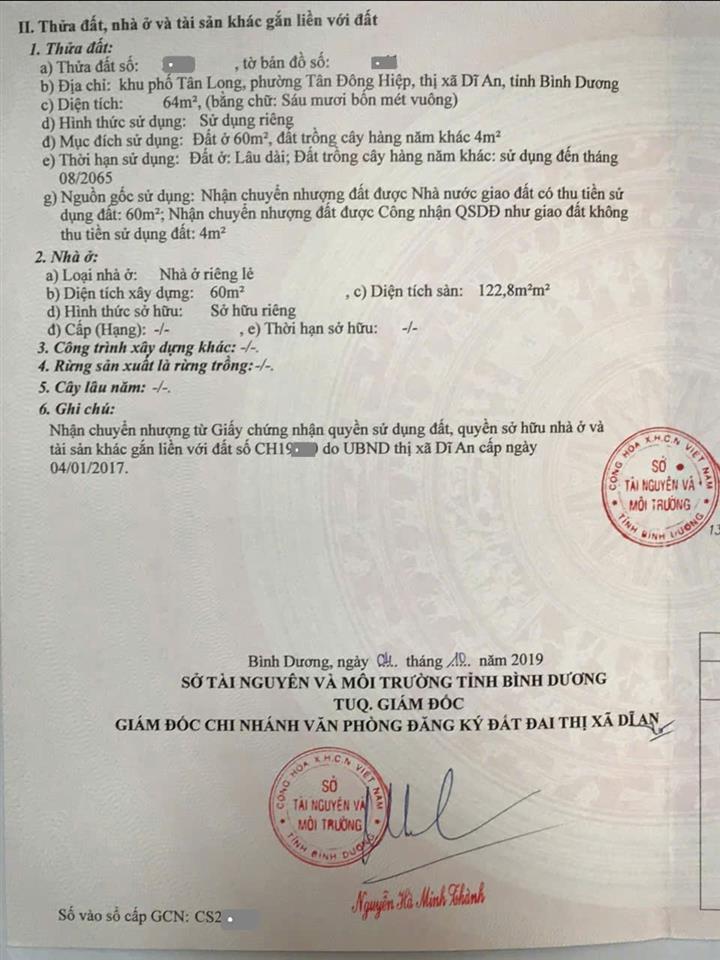 NHÀ BÁN CHÍNH CHỦ - ĐÃ HOÀN CÔNG Tại KP Tân Long, P. Tân Đông Hiệp, TX Dĩ An - Bình Dương