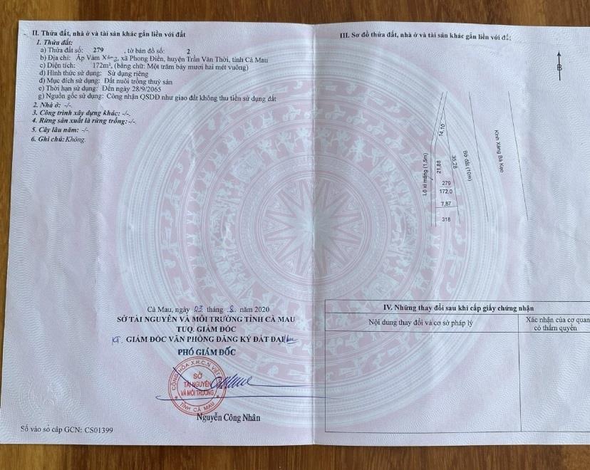 HOT HOT – CHÍNH CHỦ CẦN BÁN ĐẤT VỊ TRÍ ĐẸP  TẠI Xã KHÁNH HƯNG, H.TRẦN VĂN THỜI, CÀ MAU