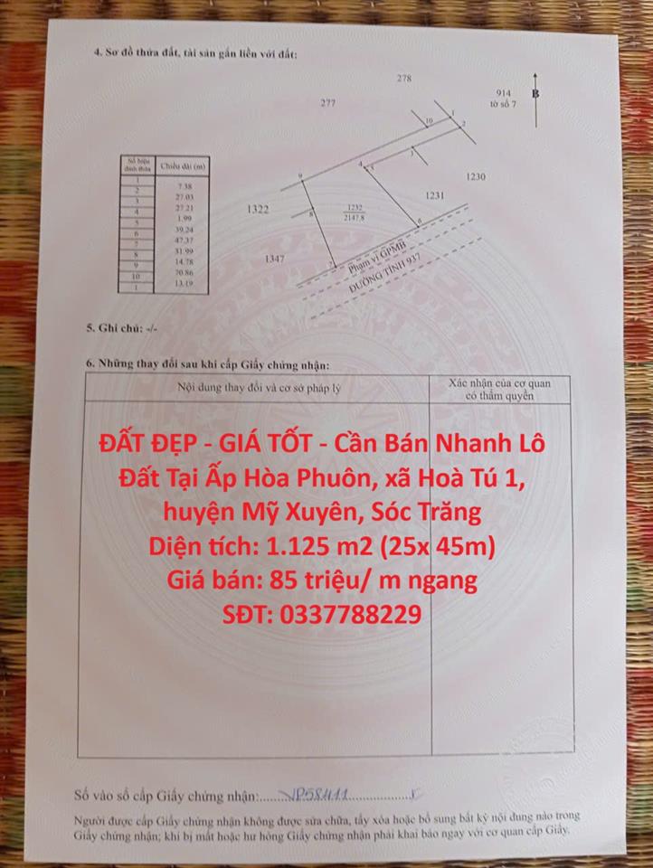 ĐẤT ĐẸP - GIÁ TỐT - Cần Bán Nhanh Lô Đất Tại Ấp Hòa Phuôn, xã Hoà Tú 1, huyện Mỹ Xuyên,