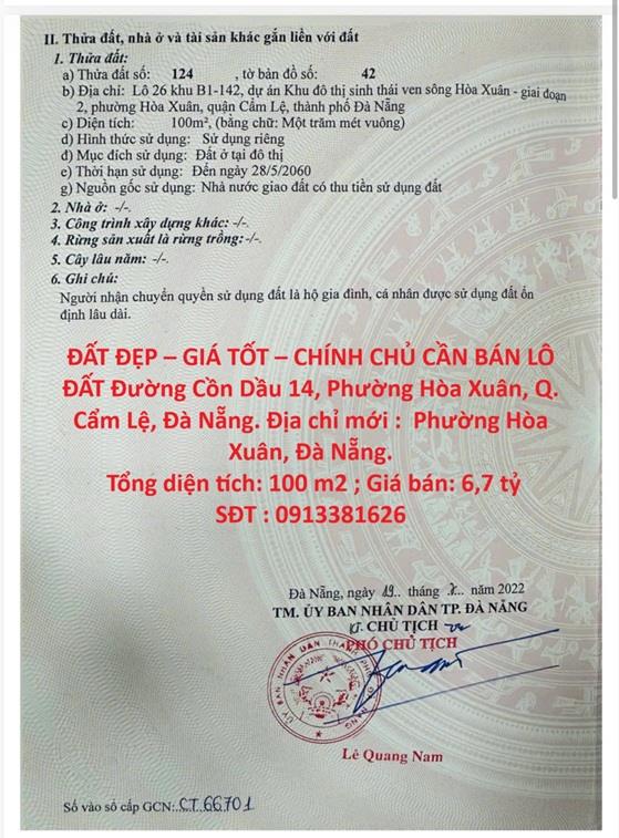 ĐẤT ĐẸP – GIÁ TỐT – CHÍNH CHỦ CẦN BÁN LÔ ĐẤT Đường Cồn Dầu 14, Phường Hòa Xuân, Q. Cẩm