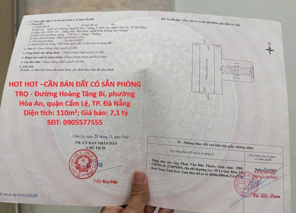 HOT HOT –CẦN BÁN ĐẤT CÓ SẴN PHÒNG TRỌ - Đường Hoàng Tăng Bí, phường Hòa An, quận Cẩm Lệ,