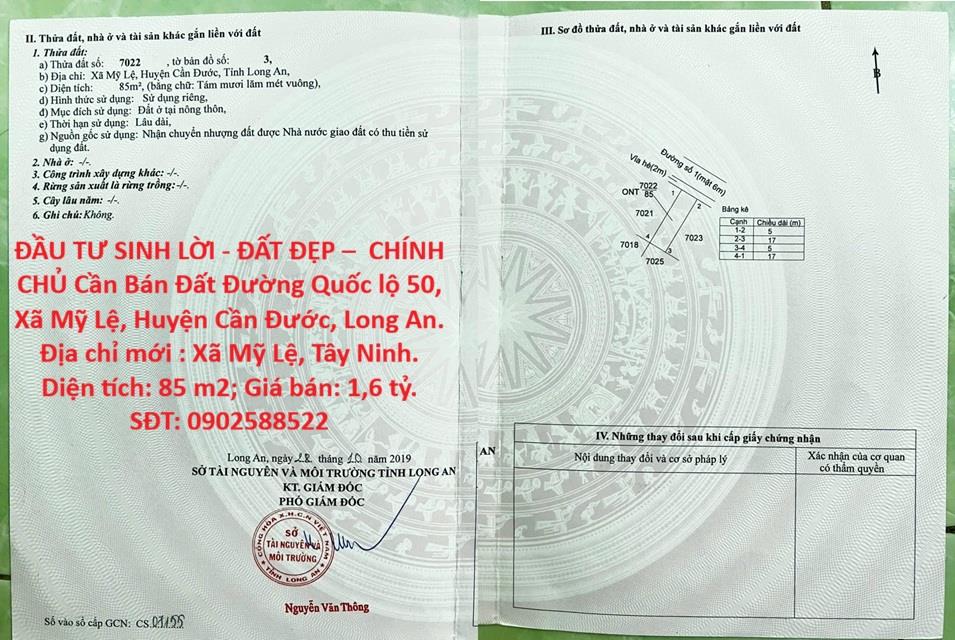ĐẦU TƯ SINH LỜI - ĐẤT ĐẸP –  CHÍNH CHỦ Cần Bán Đất Đường Quốc lộ 50, Xã Mỹ Lệ, Huyện Cần