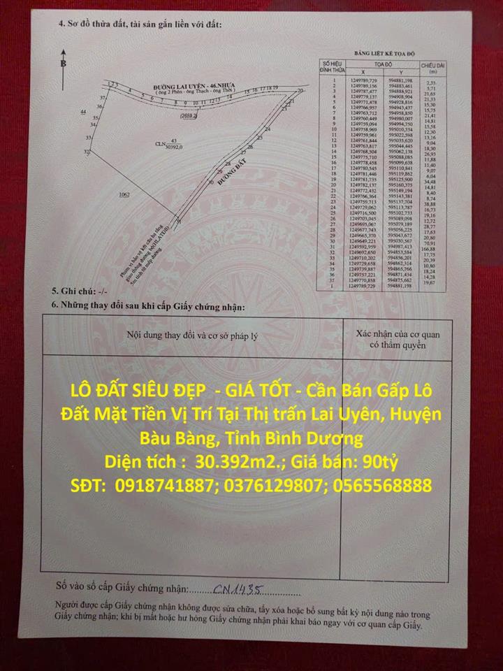 LÔ ĐẤT SIÊU ĐẸP  - GIÁ TỐT - Cần Bán Gấp Lô Đất Mặt Tiền Vị Trí Tại Huyện Bàu Bàng, Tỉnh