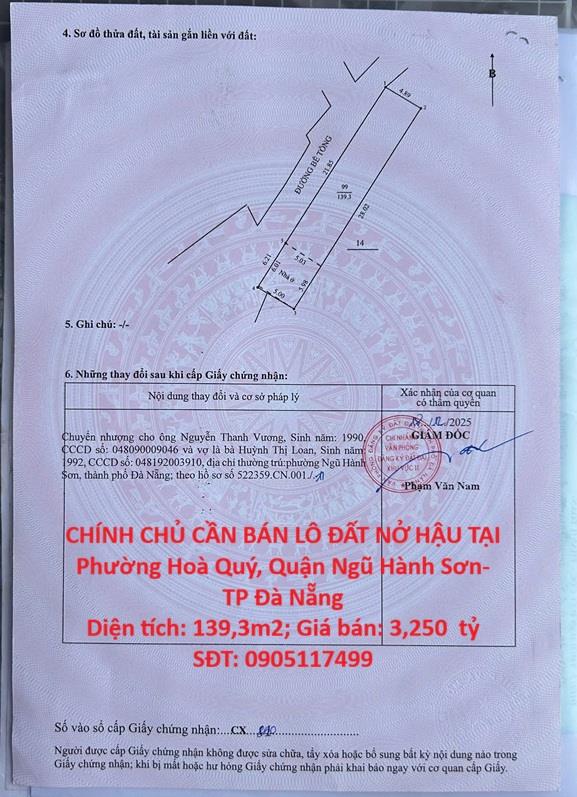 HOT HOT – CHÍNH CHỦ CẦN BÁN LÔ ĐẤT NỞ HẬU TẠI Phường Hoà Quý, Quận Ngũ Hành Sơn- TP Đà