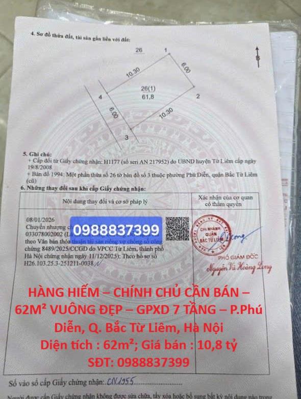 HÀNG HIẾM – CHÍNH CHỦ CẦN BÁN – 62M² VUÔNG ĐẸP – GPXD 7 TẦNG – P.Phú Diễn, Q. Bắc Từ