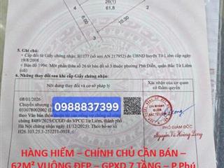 HÀNG HIẾM – CHÍNH CHỦ CẦN BÁN – 62M² VUÔNG ĐẸP – GPXD 7 TẦNG – P.Phú Diễn, Q. Bắc Từ