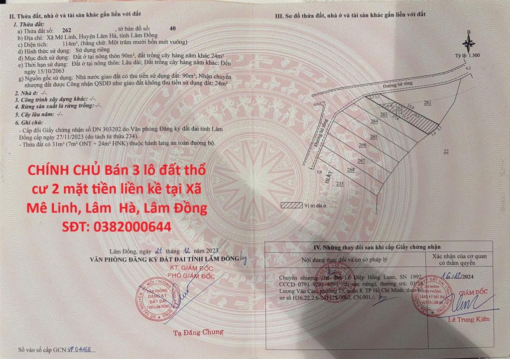 CHÍNH CHỦ Bán 3 lô đất thổ cư 2 mặt tiền liền kề tại Xã Mê Linh, Lâm  Hà, Lâm Đồng
