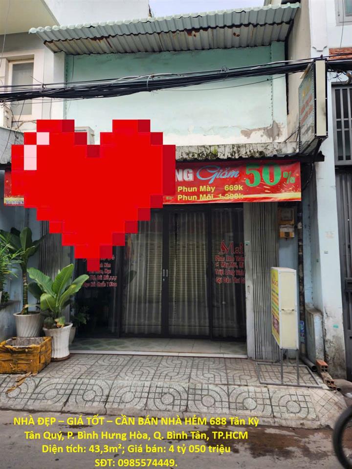 NHÀ ĐẸP – GIÁ TỐT – CẦN BÁN NHÀ HẺM 688 Tân Kỳ Tân Quý, P. Bình Hưng Hòa, Q. Bình Tân,