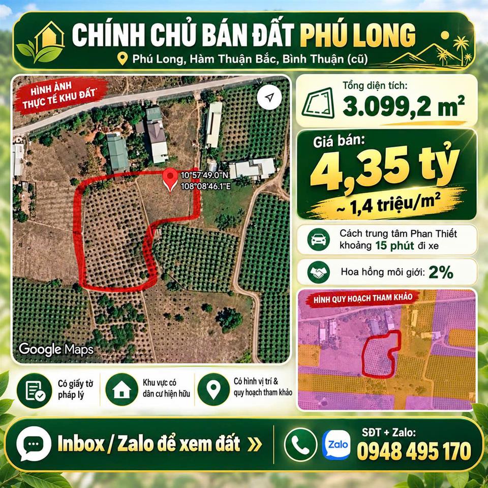 CHÍNH CHỦ BÁN HƠN 3.000m² ĐẤT VỊ TRÍ ĐẸP Tại THỊ TRẤN PHÚ LONG, HÀM THUẬN BẮC, BÌNH THUẬN