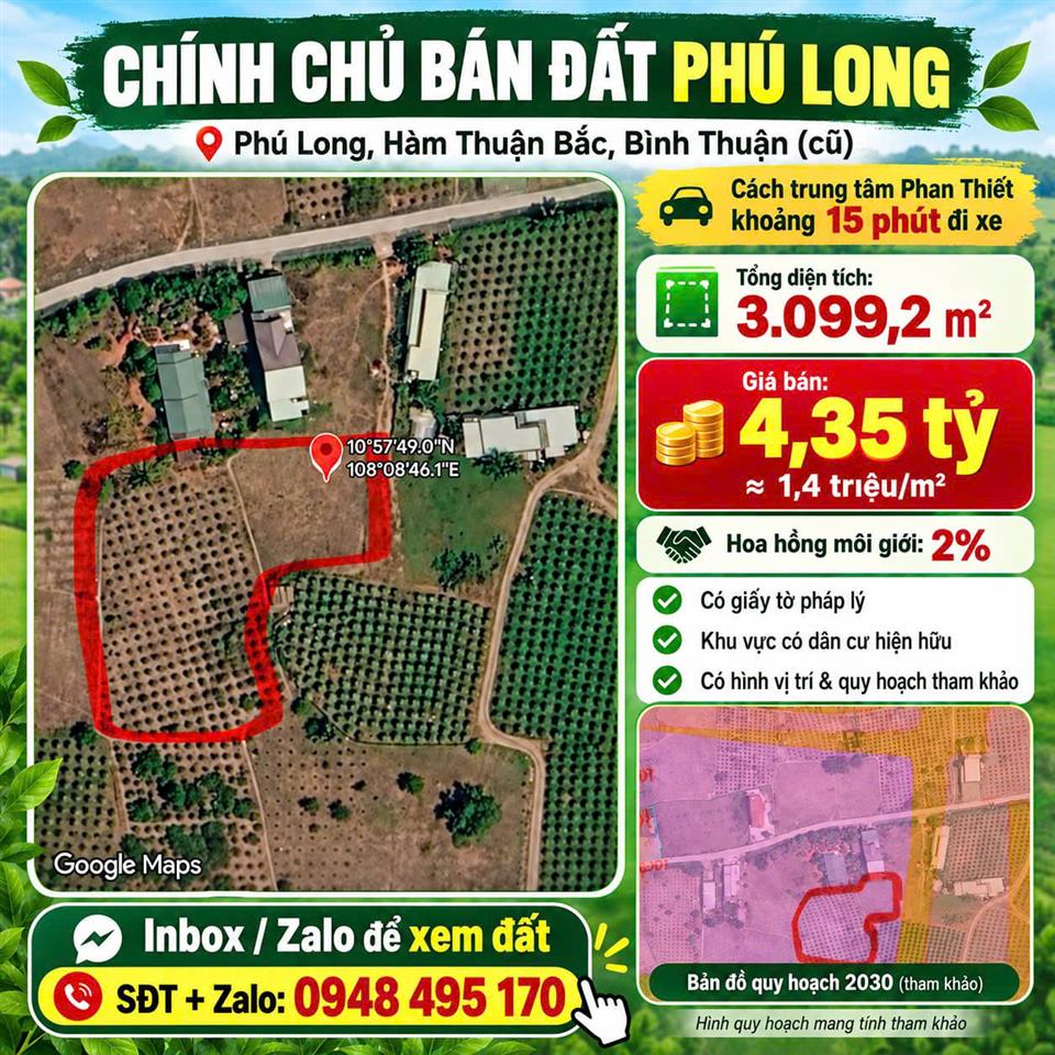 CHÍNH CHỦ BÁN HƠN 3.000m² ĐẤT VỊ TRÍ ĐẸP Tại THỊ TRẤN PHÚ LONG, HÀM THUẬN BẮC, BÌNH THUẬN