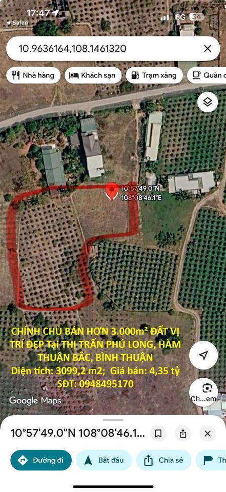 CHÍNH CHỦ BÁN HƠN 3.000m² ĐẤT VỊ TRÍ ĐẸP Tại THỊ TRẤN PHÚ LONG, HÀM THUẬN BẮC, BÌNH THUẬN