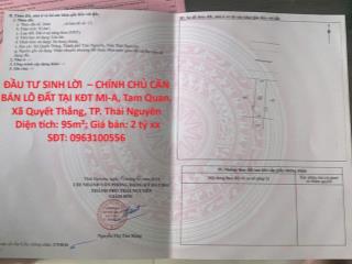 ĐẦU TƯ SINH LỜI  – CHÍNH CHỦ CẦN BÁN LÔ ĐẤT TẠI KĐT MI-A, Tam Quan, Xã Quyết Thắng, TP.