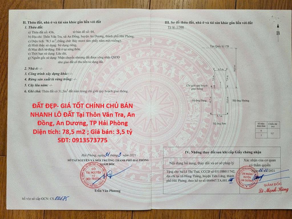 ĐẤT ĐẸP- GIÁ TỐT CHÍNH CHỦ BÁN NHANH LÔ ĐẤT Tại Thôn Vân Tra, An Đồng, An Dương, TP Hải