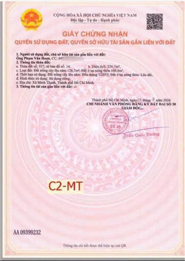 CHÍNH CHỦ CẦN BÁN LÔ LIỀN KỀ MẶT TIỀN ĐƯỜNG NHỰA - Xã Minh Thạnh, Dầu Tiếng, Bình Dương
