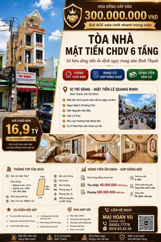 HOT HOT –CẦN BÁN CĂN NHÀ -TÒA NHÀ CHDV 6 TẦNG DÒNG TIỀN ỔN ĐỊNH-MT Lê Quang Định, Bình