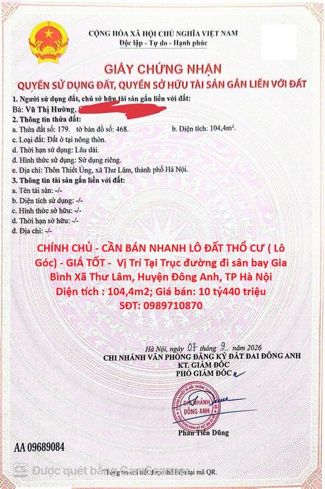 CHÍNH CHỦ - CẦN BÁN NHANH LÔ ĐẤT THỔ CƯ ( Lô Góc) - GIÁ TỐT -  Vị Trí Tại Xã Thư Lâm,