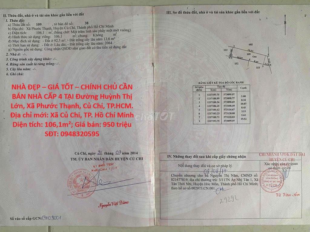 NHÀ ĐẸP – GIÁ TỐT – CHÍNH CHỦ CẦN BÁN NHÀ CẤP 4 TẠI Đường Huỳnh Thị Lớn, Xã Phước Thạnh,
