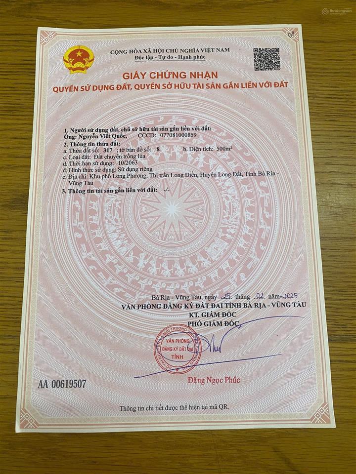 599triệu sở hữu ngay lô đất 500m2 ngay hồ bà thành, tuyến tránh quốc lộ 55. ngang 15m x 37m đất lúa