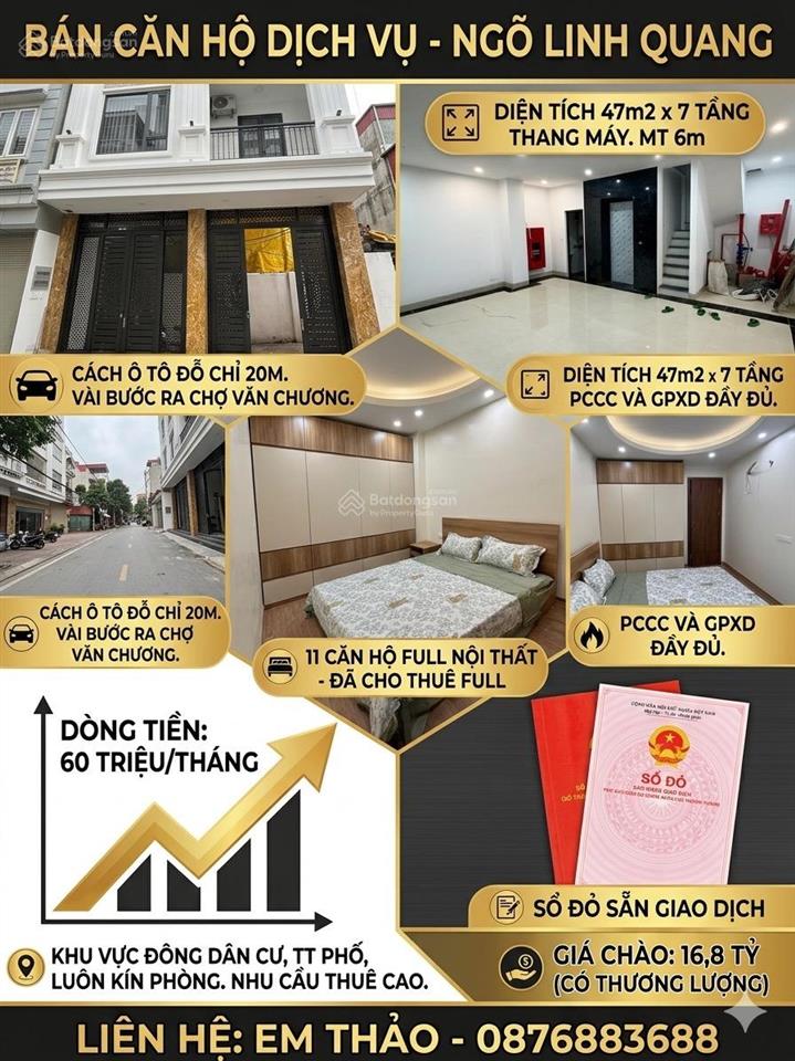 Bán căn hộ dịch vụ ngõ linh quang . 47m2 xây 7 tầng thang máy . có 11 phòng doanh thu 60tr