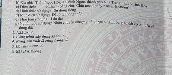 Mảnh đất 90m full thổ cư chính chủ hẻm lương định của, vĩnh ngọc nha trang