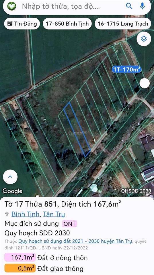 Chủ kẹt tiền bán gấp 167 m2 thổ cư  đường nhựa 7m  tân trụ, long an