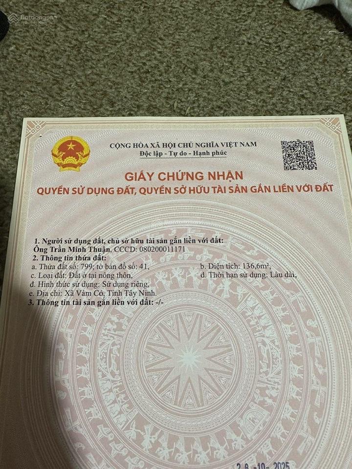 Chủ kẹt tiền bán gấp 135m2 thổ cư  nhựt ninh long an (cũ)
