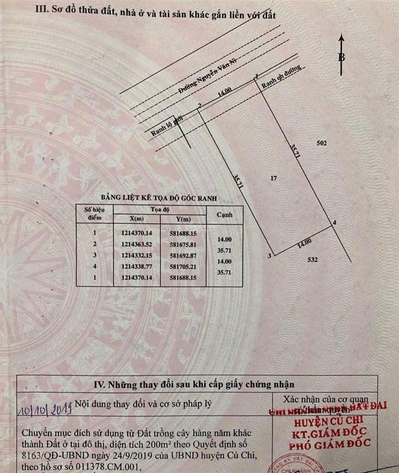 Cần bán lô đất biệt thự tọa lạc tại đường nguyễn văn ni  tt củ chi  500m2, sổ hồng riêng