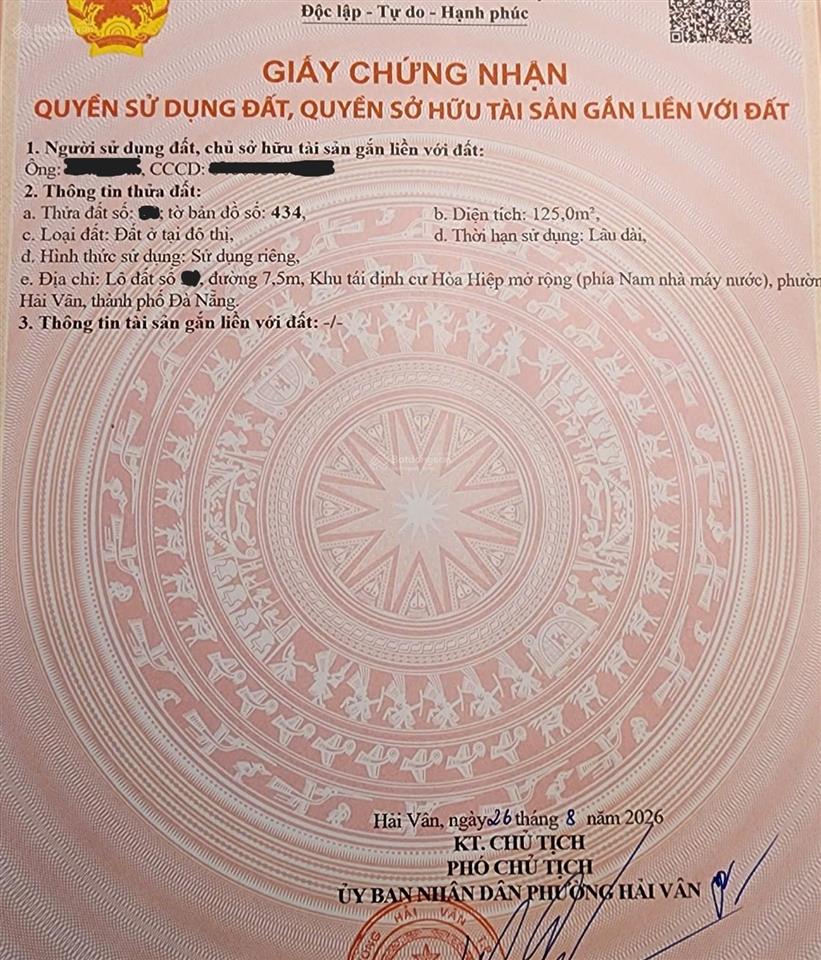 Chính chủ bán đất sạch 125m2 view hồ bàu tràm đường 7m5, khu tái định cư hòa hiệp