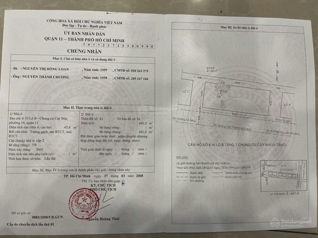 Chung cư cây mai 50m2 trung tâm quận 11 chỉ 2.9tỷ