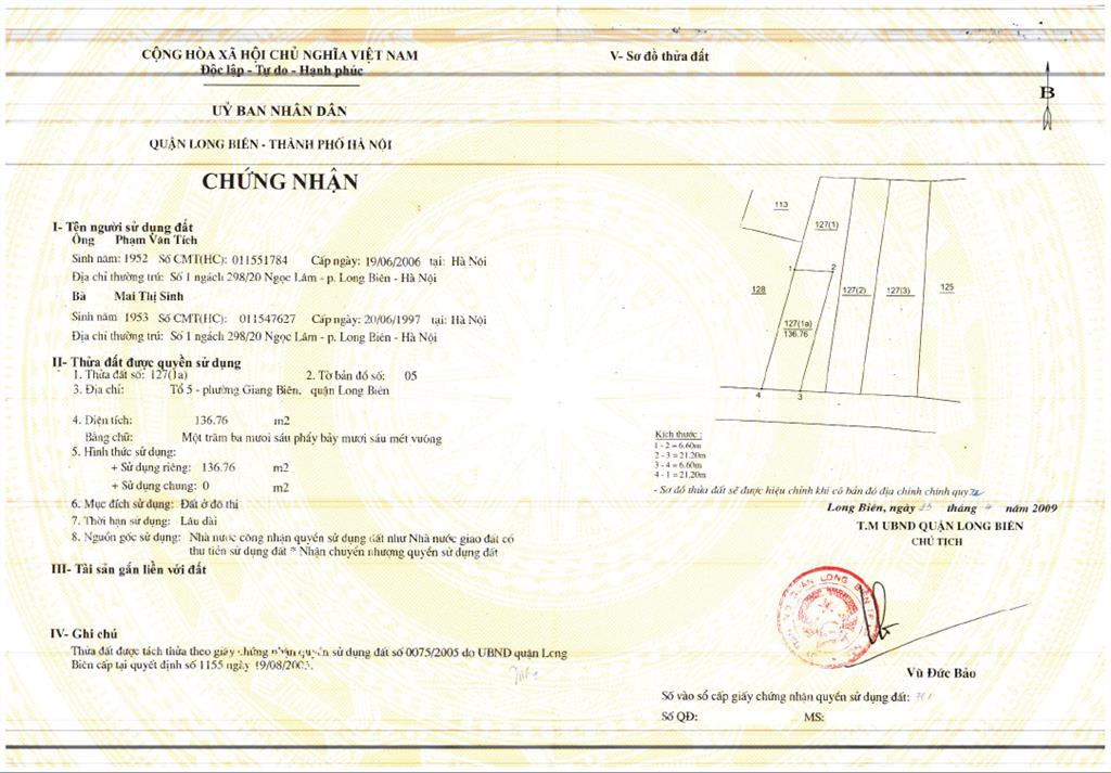 Bán đất chính chủ tại 136,76m² tại tổ 5 phường giang biên, hà nội (không qua môi giới)