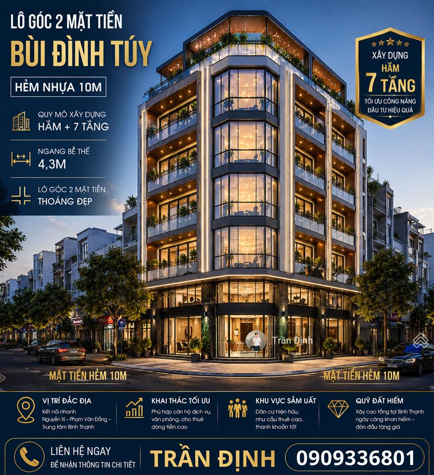 Bán lô góc 2 mặt tiền hẻm nhựa 10m bùi đình túy  quy mô xây dựng hầm 7 tầng  ngang bề thế 4,3m.