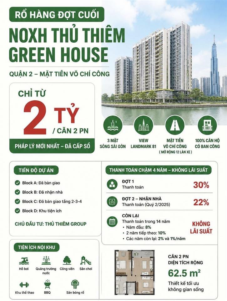 Dự án nhà ở xã hội thủ thiêm green town quận 2  62m2 giá 2 tỷ 032