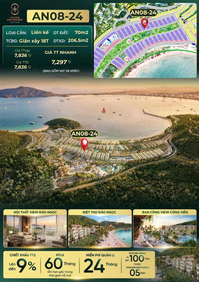 Bán nhà phố 4 tầng vinhomes hải vân bay, 7.297 tỷ, 70m2, 4pn, 4wc, view biển riêng
