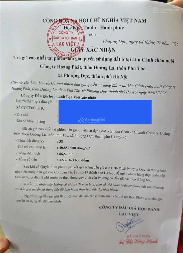 Bán đất đấu giá thôn đường la, phú túc, xã phựợng dực phú xuyên hà nội