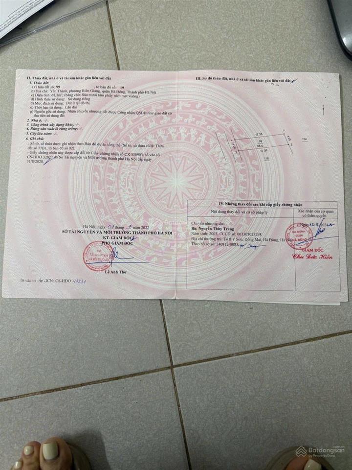 Bán đất thổ cư  yên thành, biên giang, hà đông  giá tốt khu vực. giá 5,2 tỷ.  0972 076 ***
