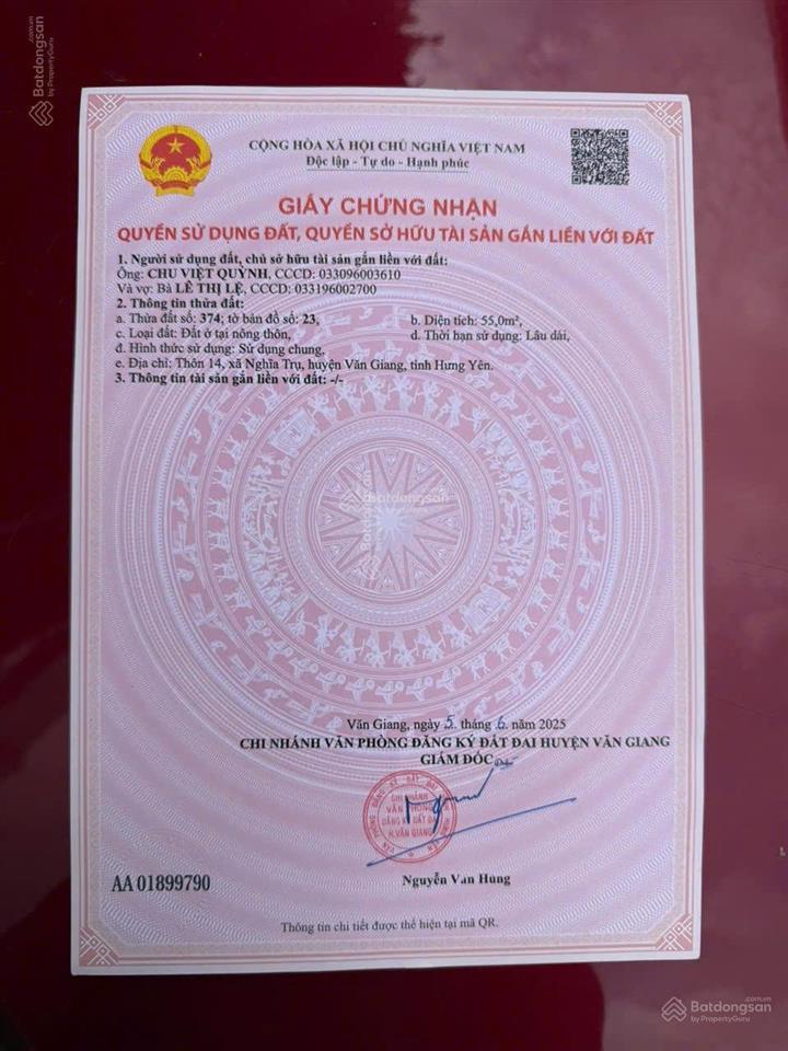 Bán đất thôn 14 nghĩa trụ hưng yên 55m2, giá 80tr/m2