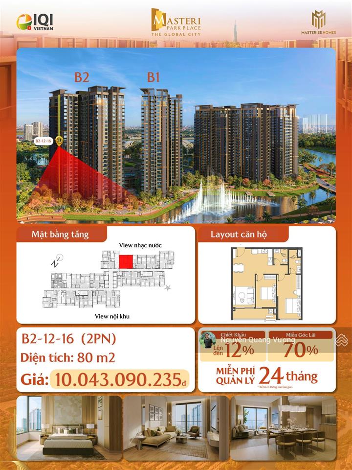 Giá 2pn 80m² masteri park place bằng với giá masteri thảo điền