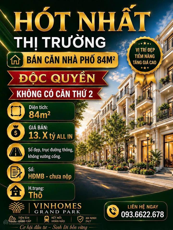 Nhà phố  bán gấp  84m2 glory giá bán siêu tốt khu vinhomes grand park tháng 8/2026  đường thông