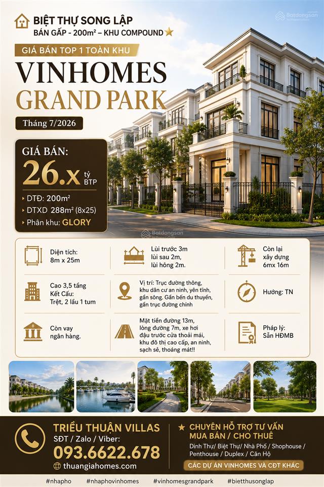 Biệt thự song lập  bán gấp  200m2 khu compound  view công viên, giá tốt vinhomes grand park t8