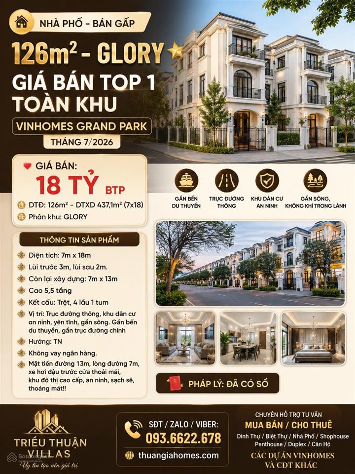 Nhà phố  bán gấp  126m2 glory giá bán top 1 toàn khu vinhomes grand park tháng 9/2026